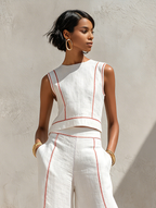Linen-Blend Contrast-Stitched Pants Set
