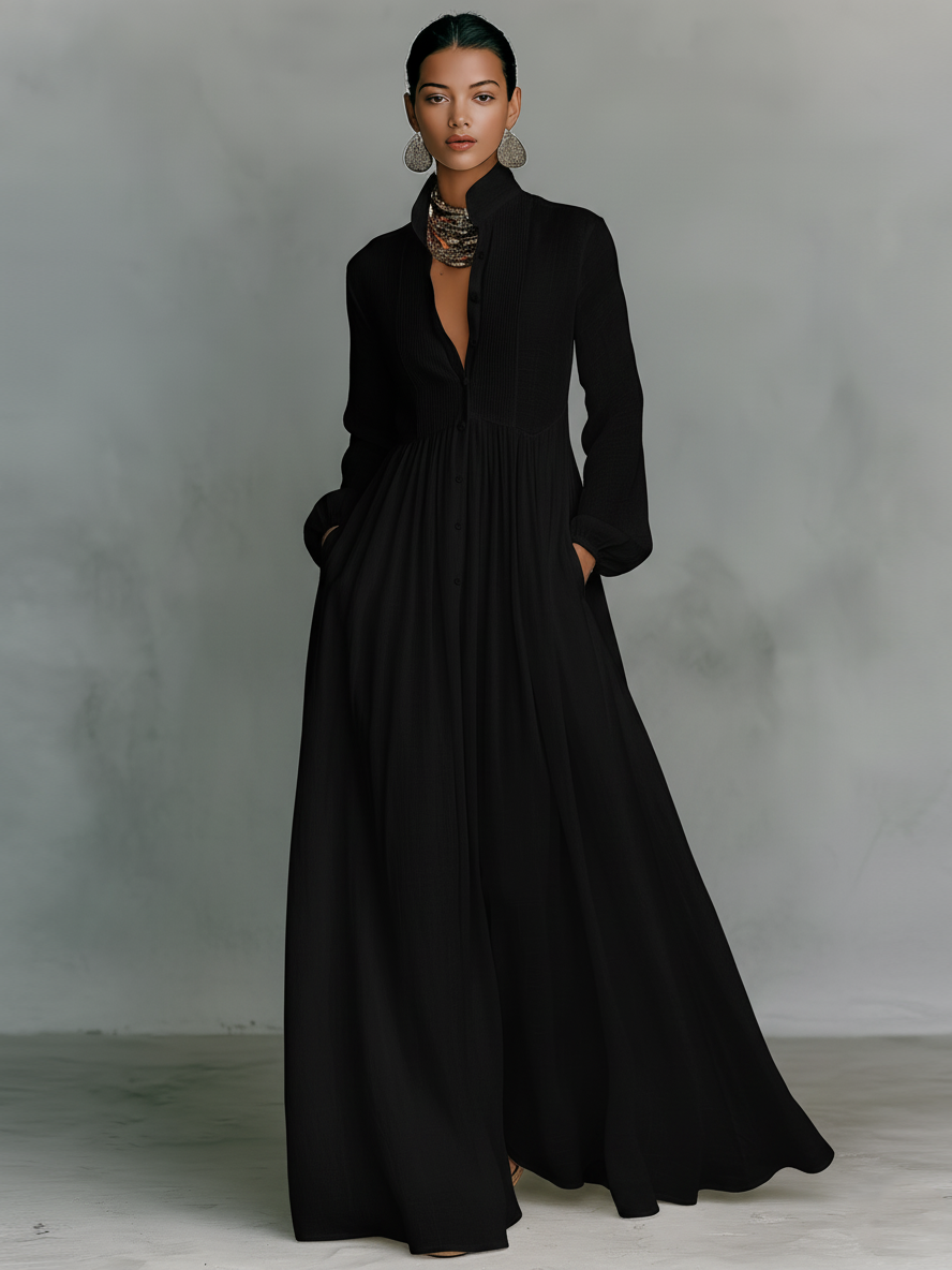 High-collar Long Sleeve Maxi Dress