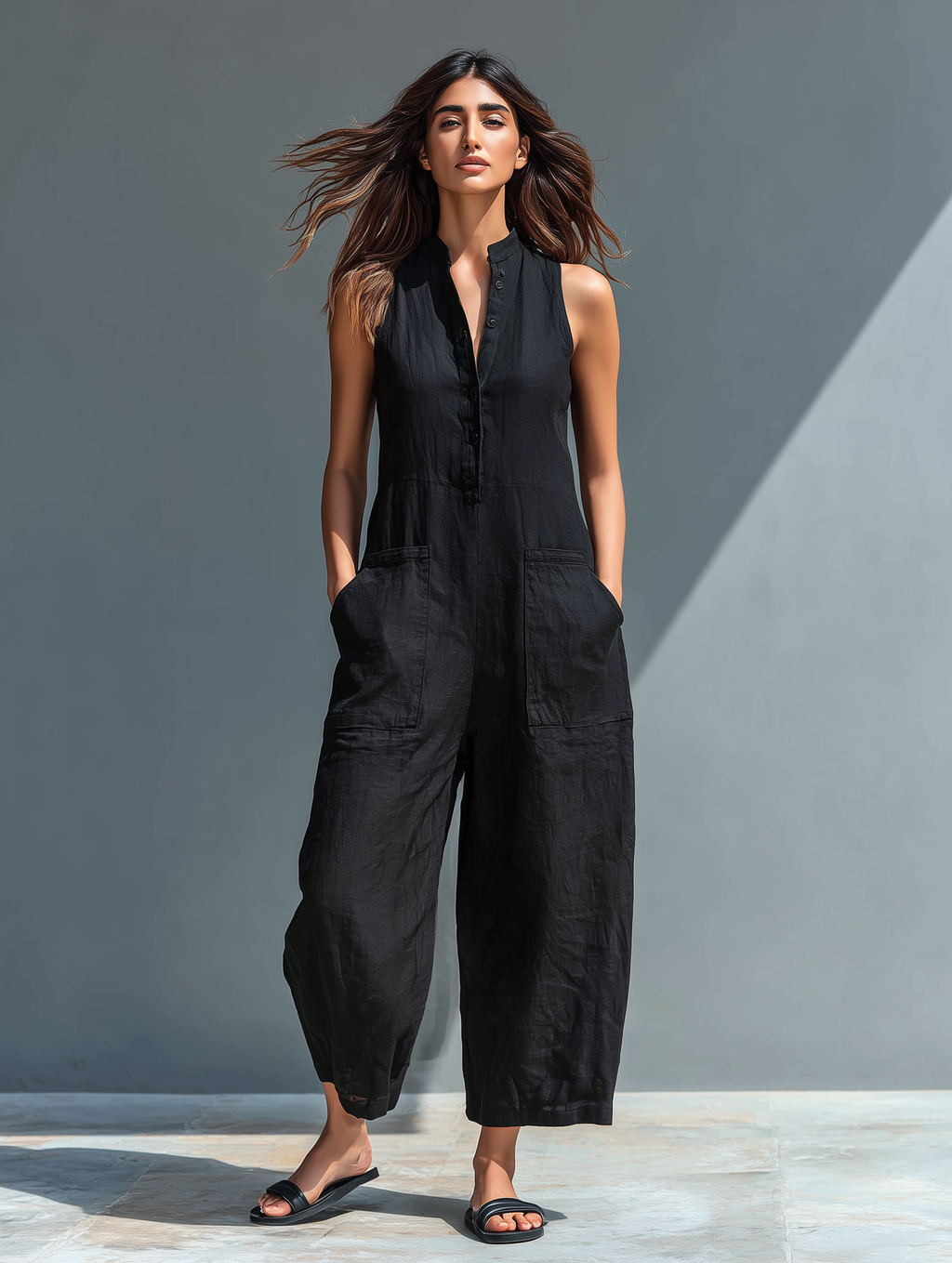 Women's Minimalist Linen Blend Button-up Jumpsuit