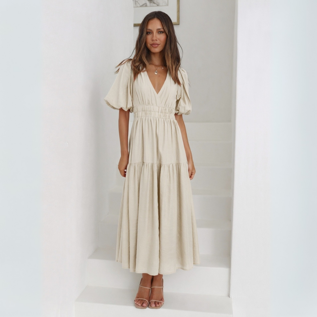 NAMU™ - Classy V-Neck Long Sleeve A-Line Maxi Dress