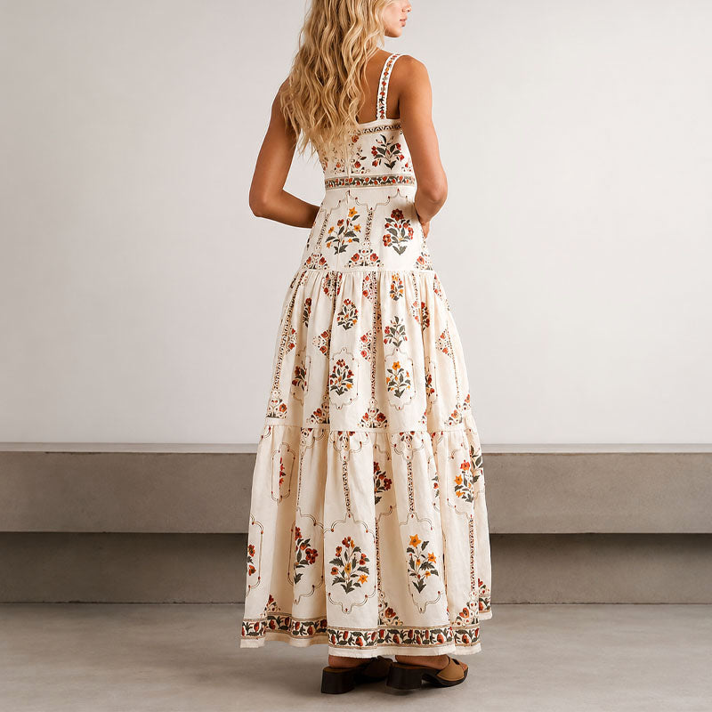 Blair - Women's Vintage Floral Tiered Boho Maxi Dress