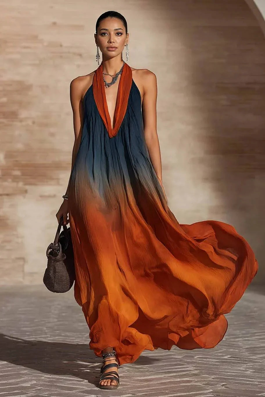 Paula | Long Halter/V Dress in Gradient