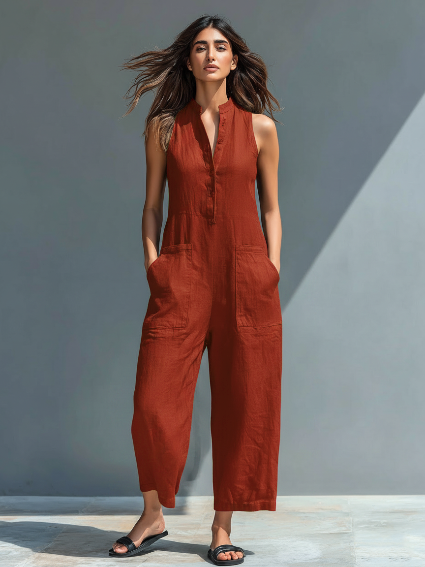 Women's Minimalist Linen Blend Button-up Jumpsuit