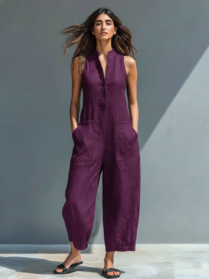 Women's Minimalist Linen Blend Button-up Jumpsuit