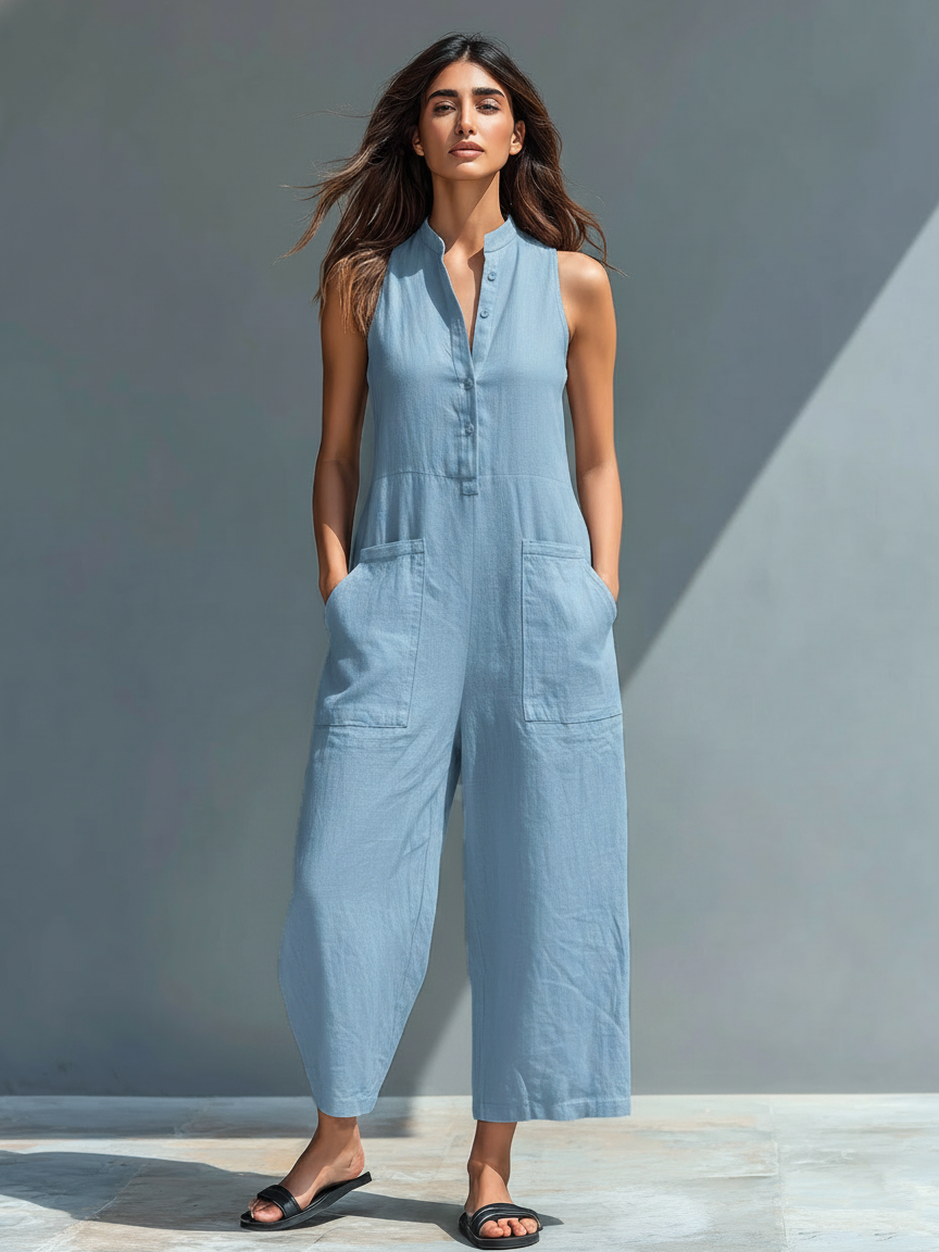 Women's Minimalist Linen Blend Button-up Jumpsuit