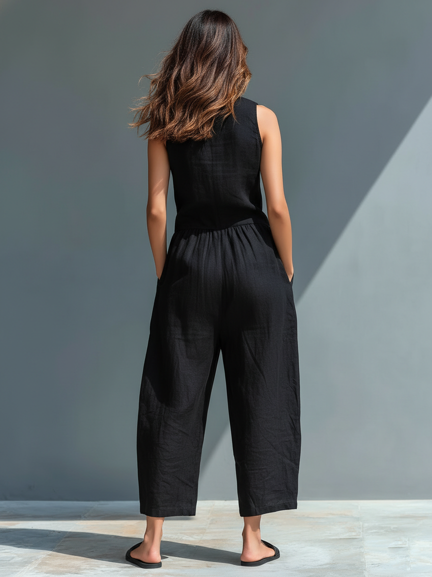 Women's Minimalist Linen Blend Button-up Jumpsuit