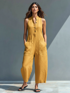 Women's Minimalist Linen Blend Button-up Jumpsuit
