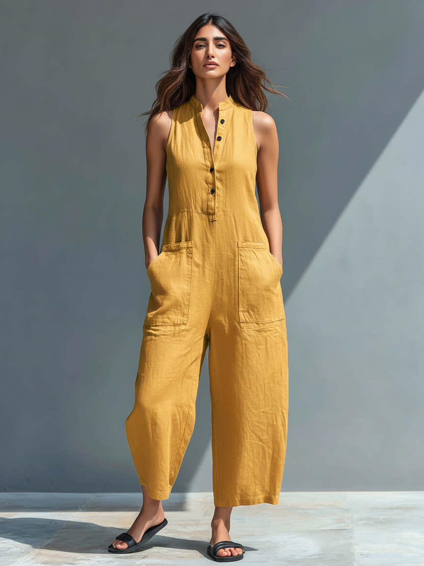 Women's Minimalist Linen Blend Button-up Jumpsuit