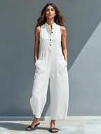 Women's Minimalist Linen Blend Button-up Jumpsuit