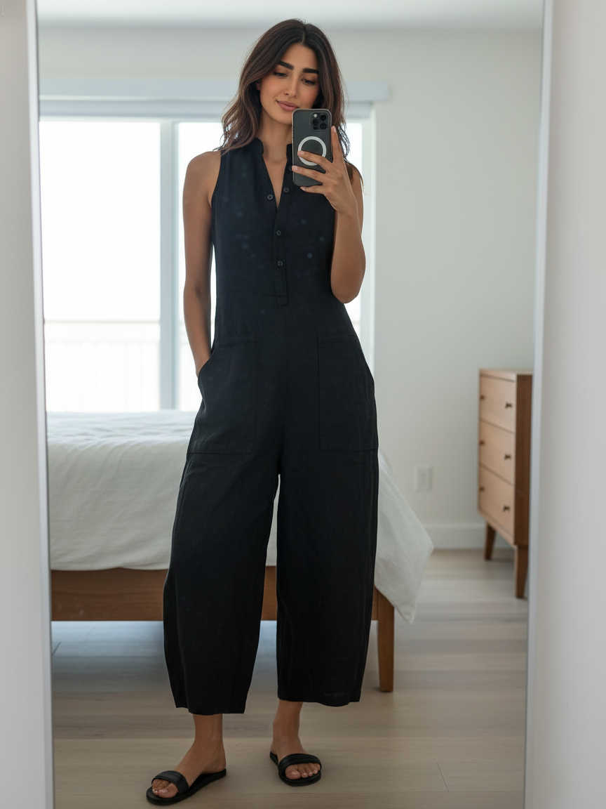 Women's Minimalist Linen Blend Button-up Jumpsuit