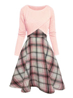 JORY™ - Vintage Round Neck Long Sleeve Crop Top and Plaid Dress