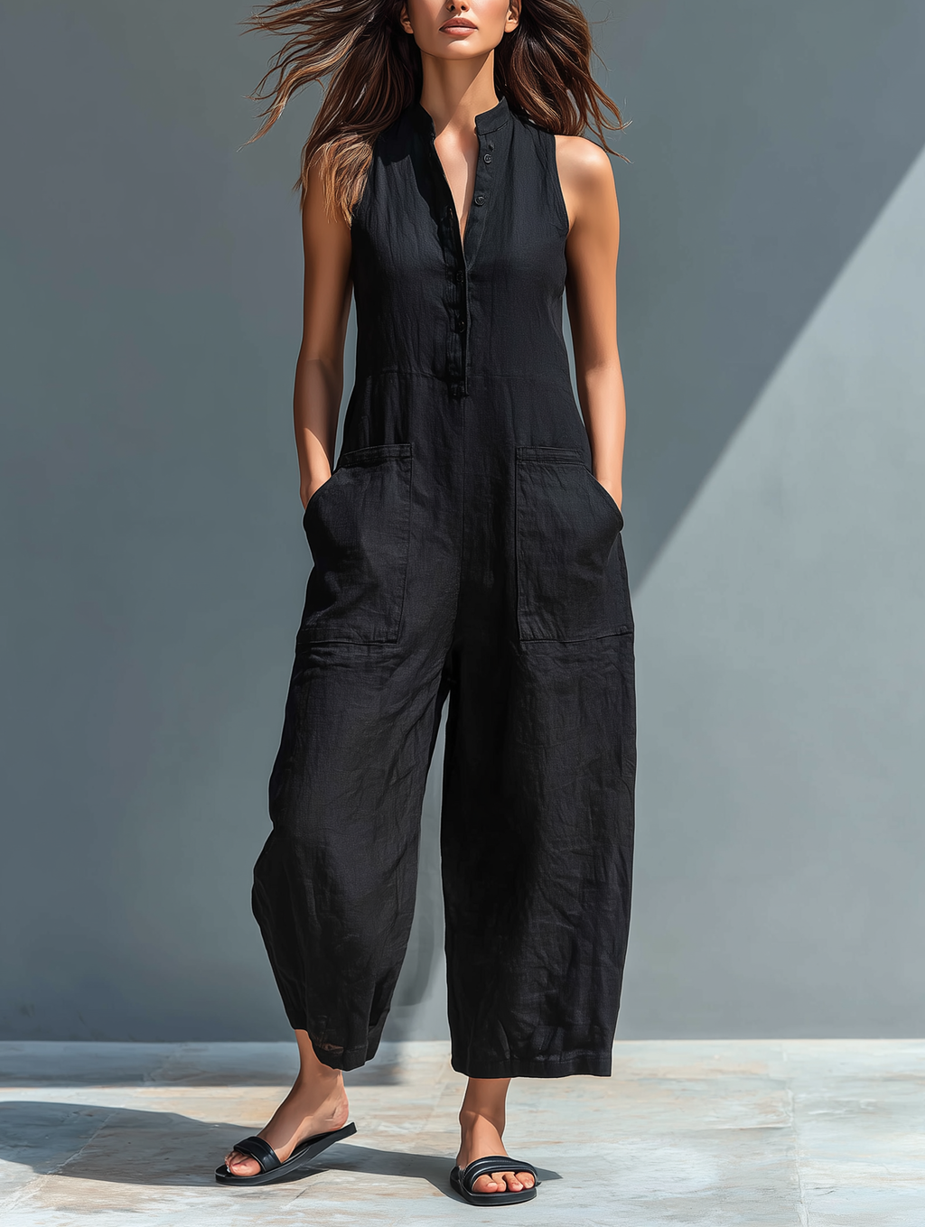 Women's Minimalist Linen Blend Button-up Jumpsuit