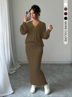 LEA™ - Solid Button Front Sweater & Long Skirt Knit Set